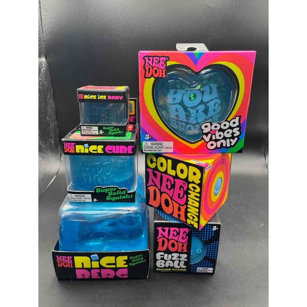 Blue NeeDoh Sensory Toy Lot Nice Berg Cube Ice Baby Heart Fuzz Ball Change